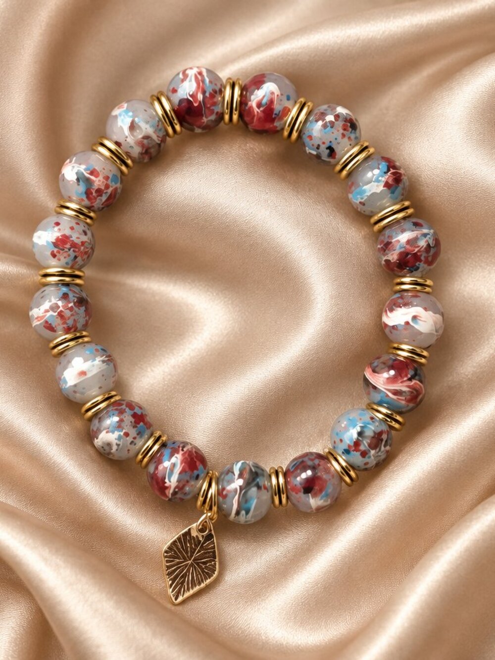 Multi-Colored Glass Beaded Bracelet with Gold Spacers and Gold Charm - NWOT